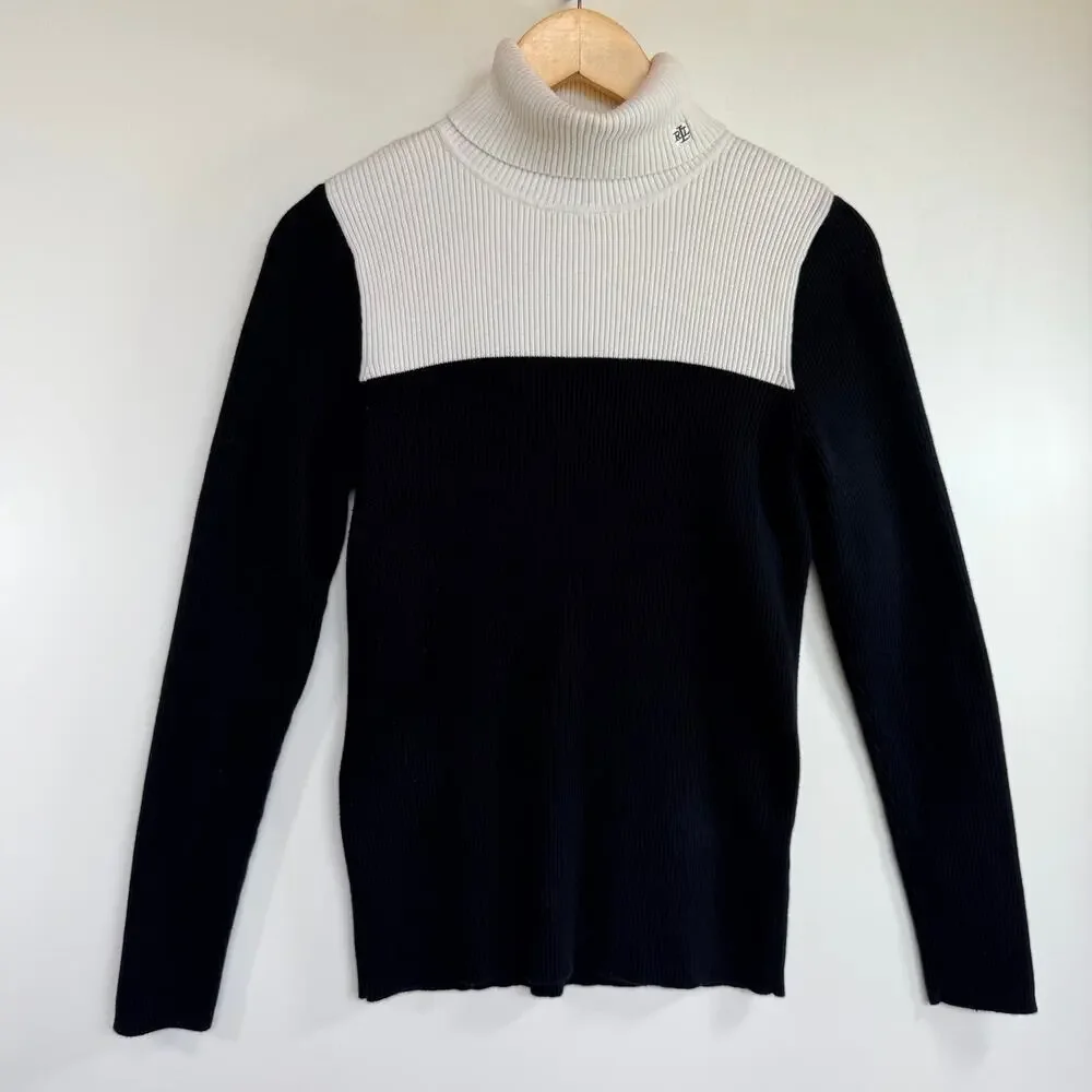 Vintage Lauren Ralph Lauren Colorblock Turtleneck Sweater Black White RLL Large